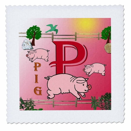 3dRose Decorative Animal Alphabet Art for children - P is for Pigs playing in the pen - Quilt Square, 10 by