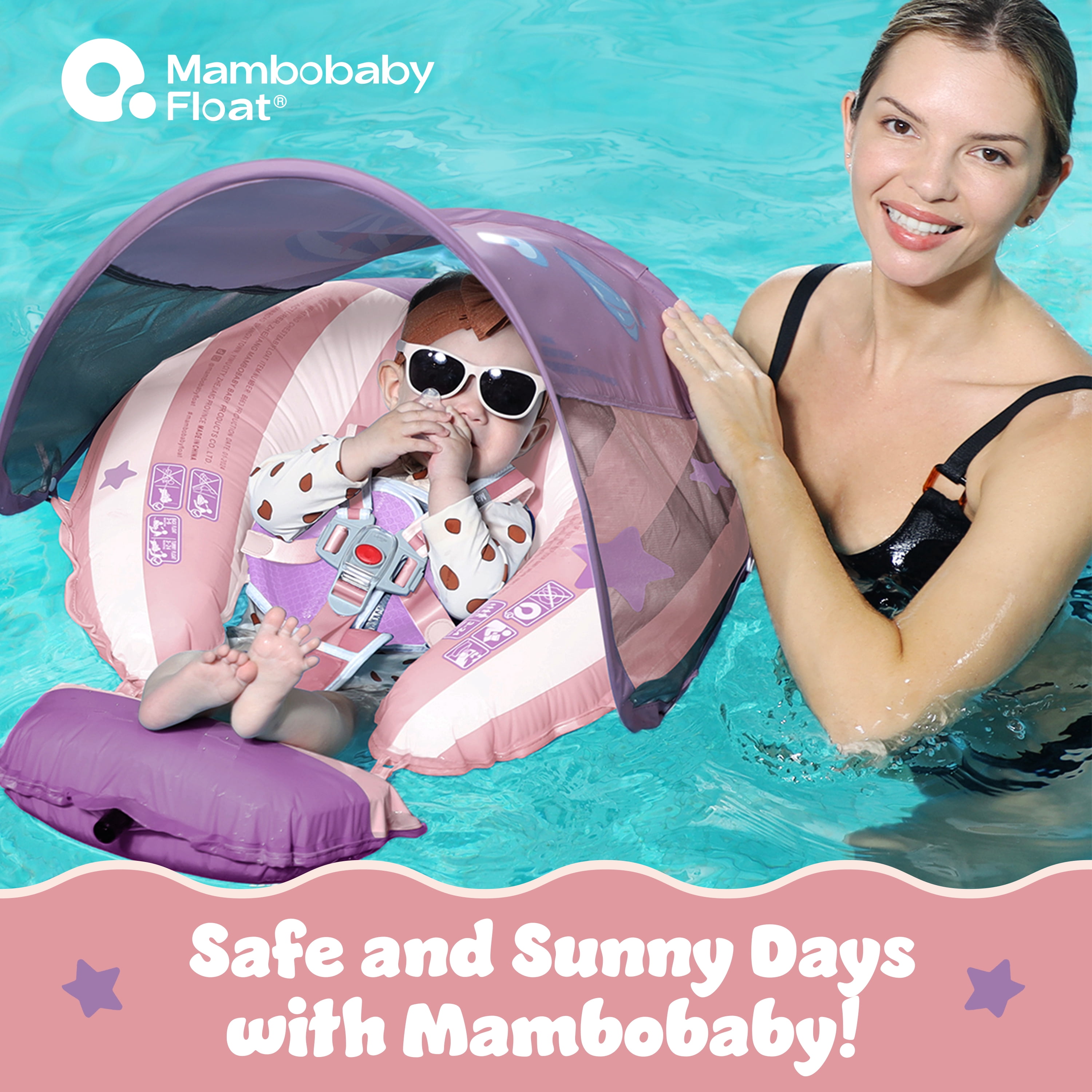 Mambobaby Self Inflating Baby Pool Float with Canopy- Pink