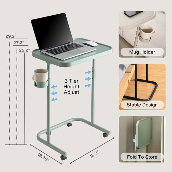 Metal TV Tray with Wheels/Casters, Side End Table, Adjustable Meal Tray, Folding Laptop Table with 3 Heights, 0 to 90 Degrees Tilt Angles, Portable Over Bed & Sofa Stand Desk (Gray Green)