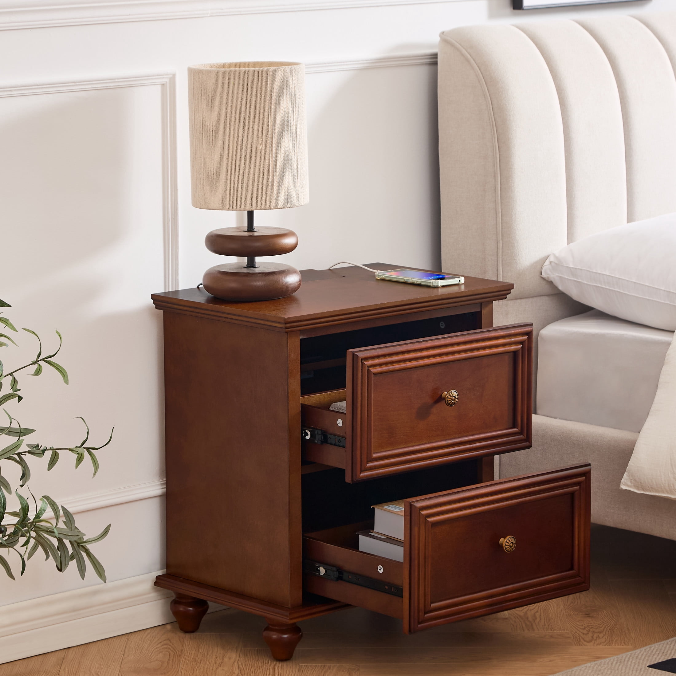GDF Studio 22.9" Mid Century Modern Nightstand with Charging Station, 2 Drawers & Outlet, Walnut