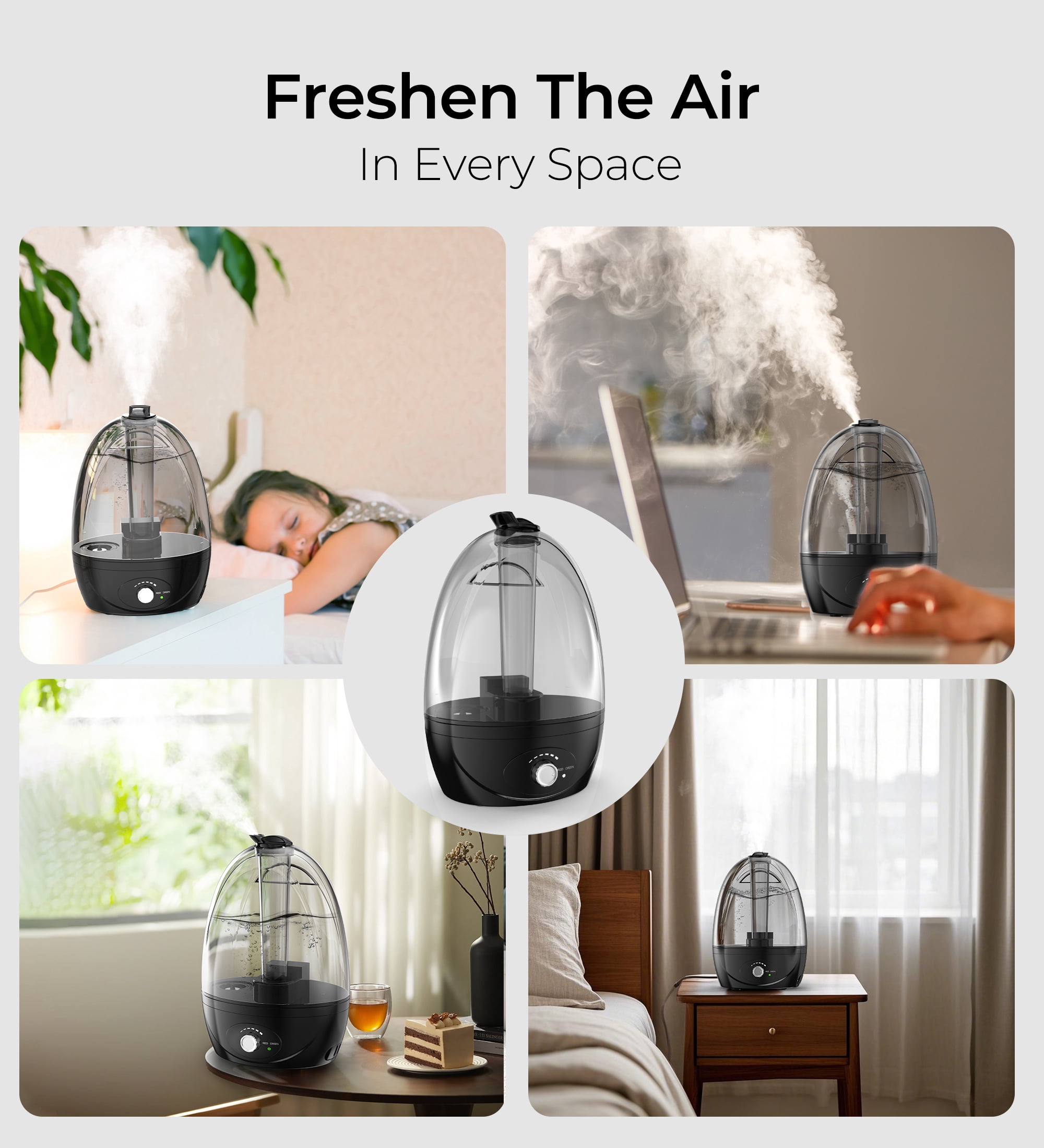 FUMMUX Cool Mist Humidifiers for Bedroom 3 L Water Tank Quiet Ultrasonic Air Vaporizer,Adjustable Mist Level,Easy to Clean, Black