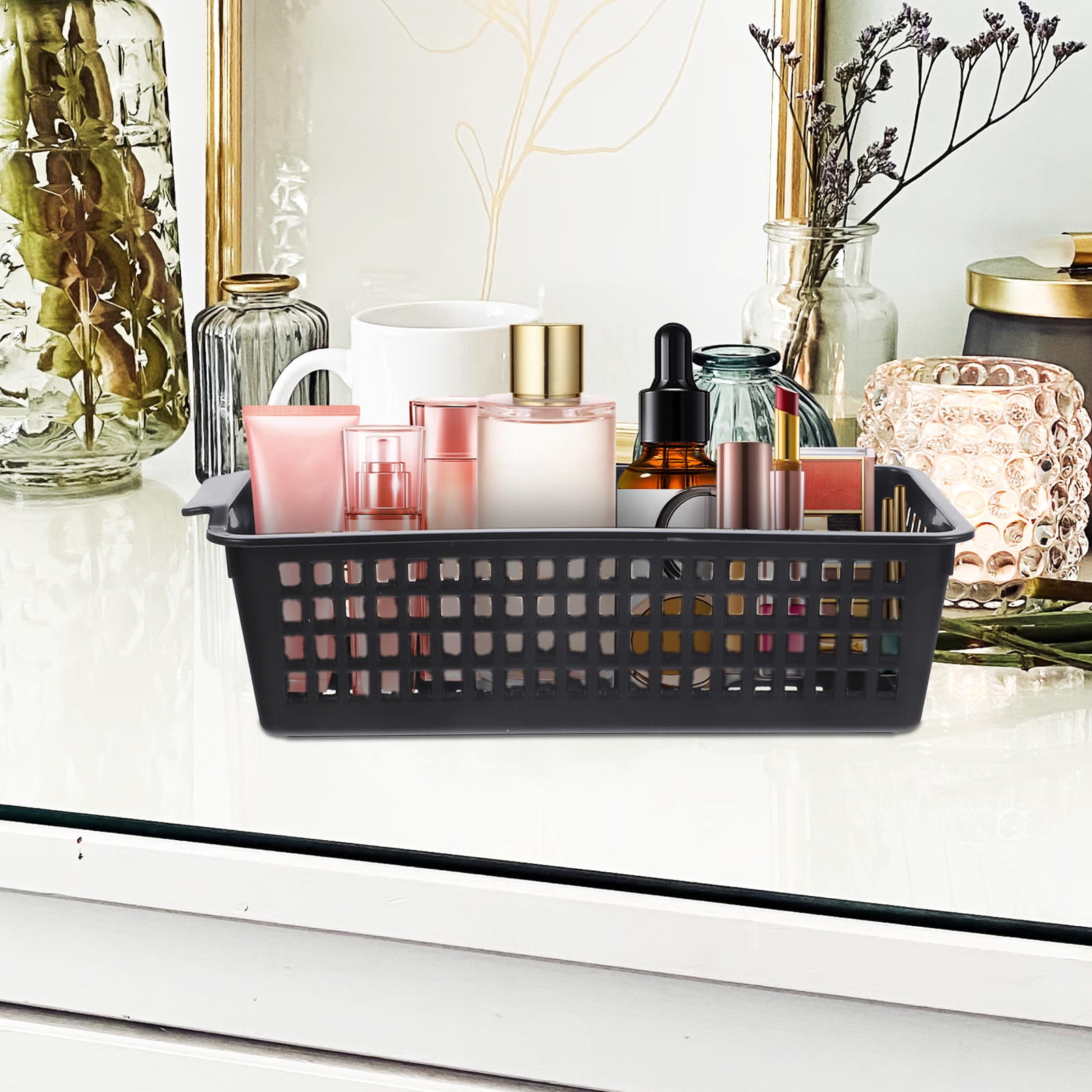 UPOUART Set of 4 Slim Black Storage Baskets with Handles, PP Plastic for Kitchen, Bathroom, Bedroom Organization