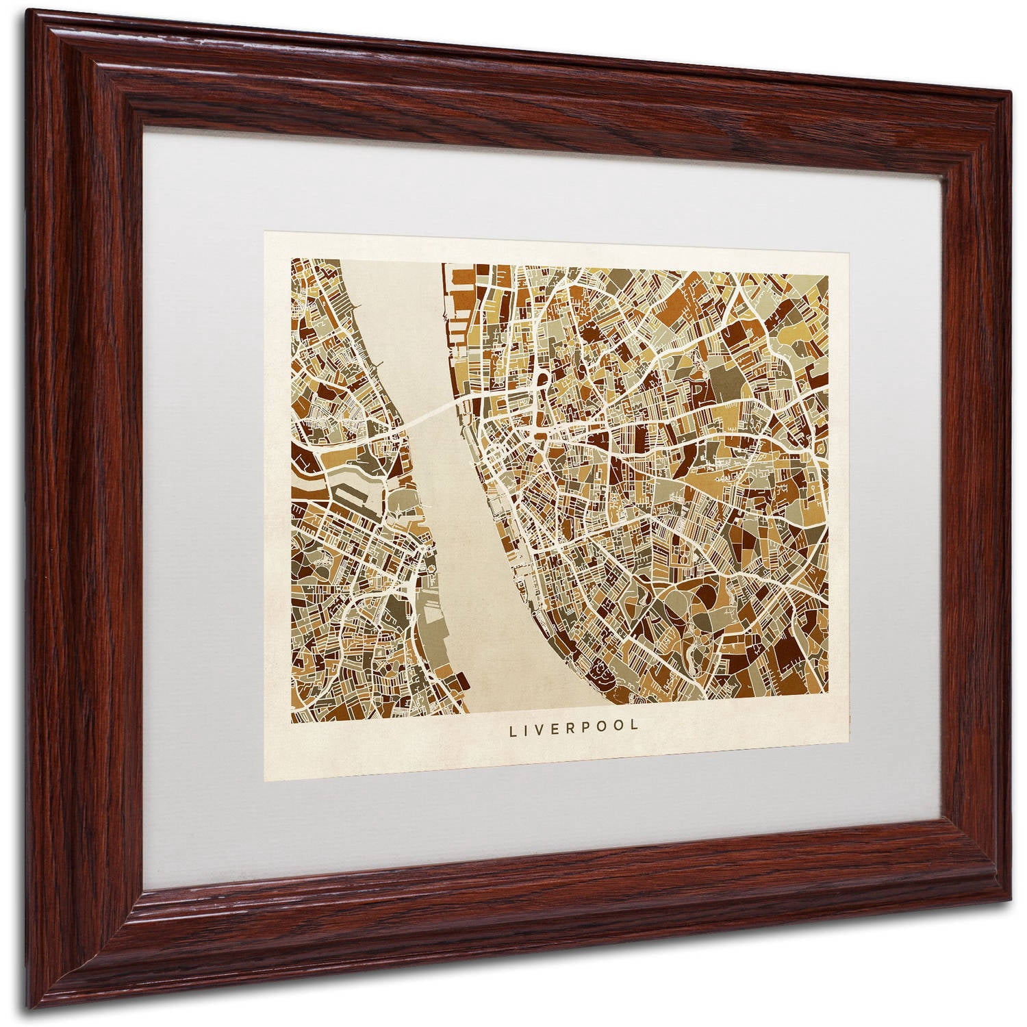 Trademark Fine Art "Liverpool England Street Map 3" Canvas Art by Michael Tompsett, White Matte, Wood Frame