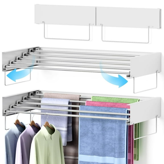Wall Mounted Clothes Drying Rack, 90° Foldable Retractable Drying Rack, 5 drying rods 60 lb Capacity White 31.5"