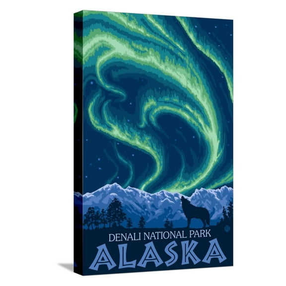 Art.com Northern Lights, Denali National Park, Alaska Stretched Canvas Print Wall Art by Lantern Press, 12" x 18"