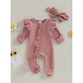 thumbnail image 3 of Musuos Newborn Girl Autumn Jumpsuit 3 6 12M Solid Color Round Neck Flying Sleeve Ruffled Zipper Romper with Bow Headband, 3 of 10