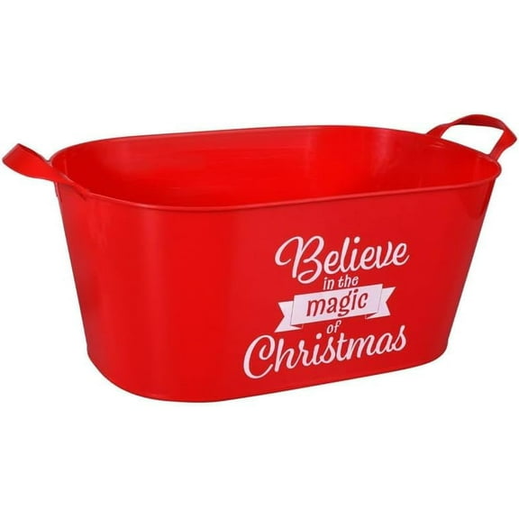 Believe in The Magic of Christmas Red Oval Bucket with Handle Sentiment Plastic Buckets Handles Gifts Gift Baskets Storage Containers Party Favor Holiday Decorations