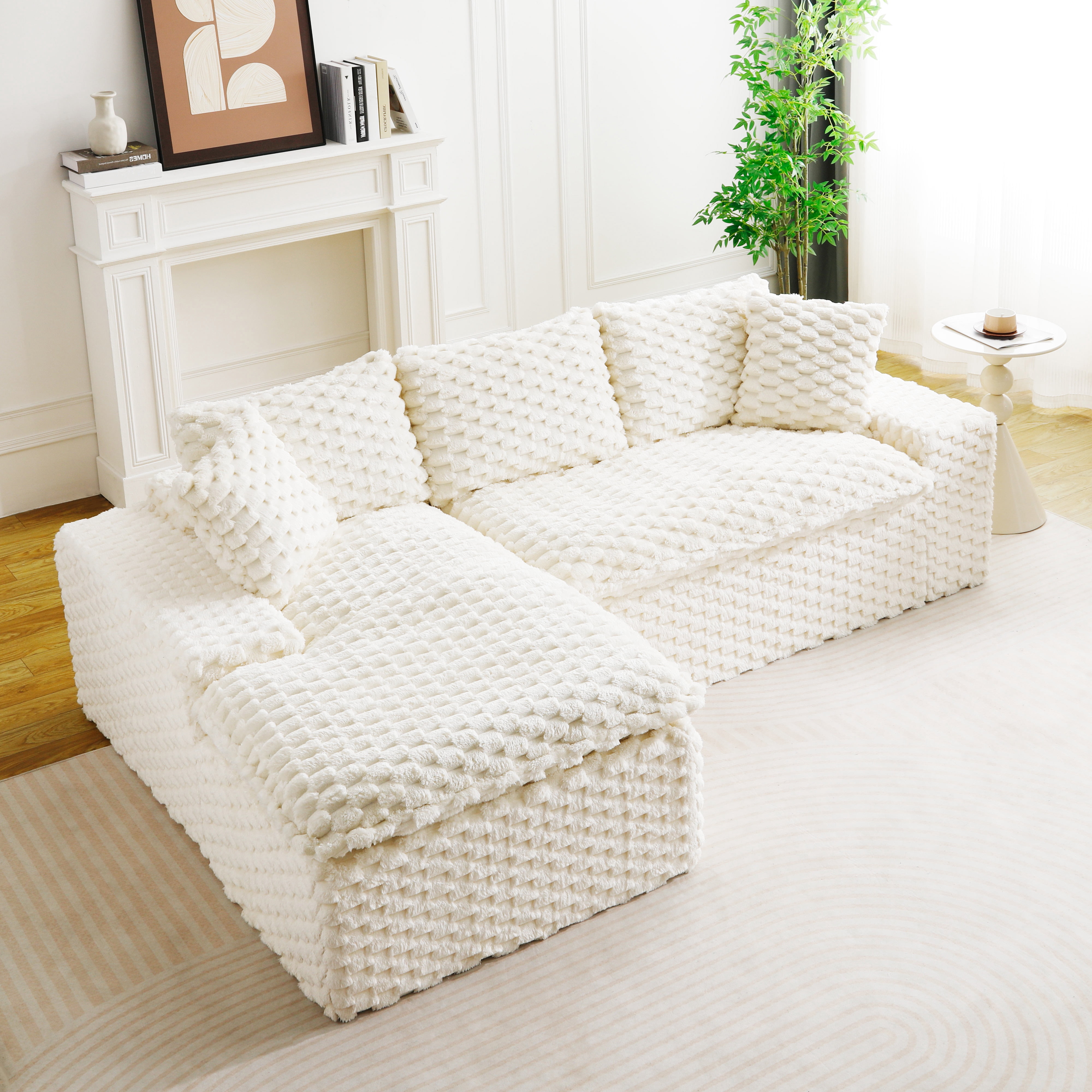 HOQBN 96"W Modular Sectional Sofa,L Shape Modern Corduroy Cloud Couch,Upholstered Deep Seat Boneless Sofa Couch with Left Chaise Lounge for Living Rooms,No Assembly Required,White