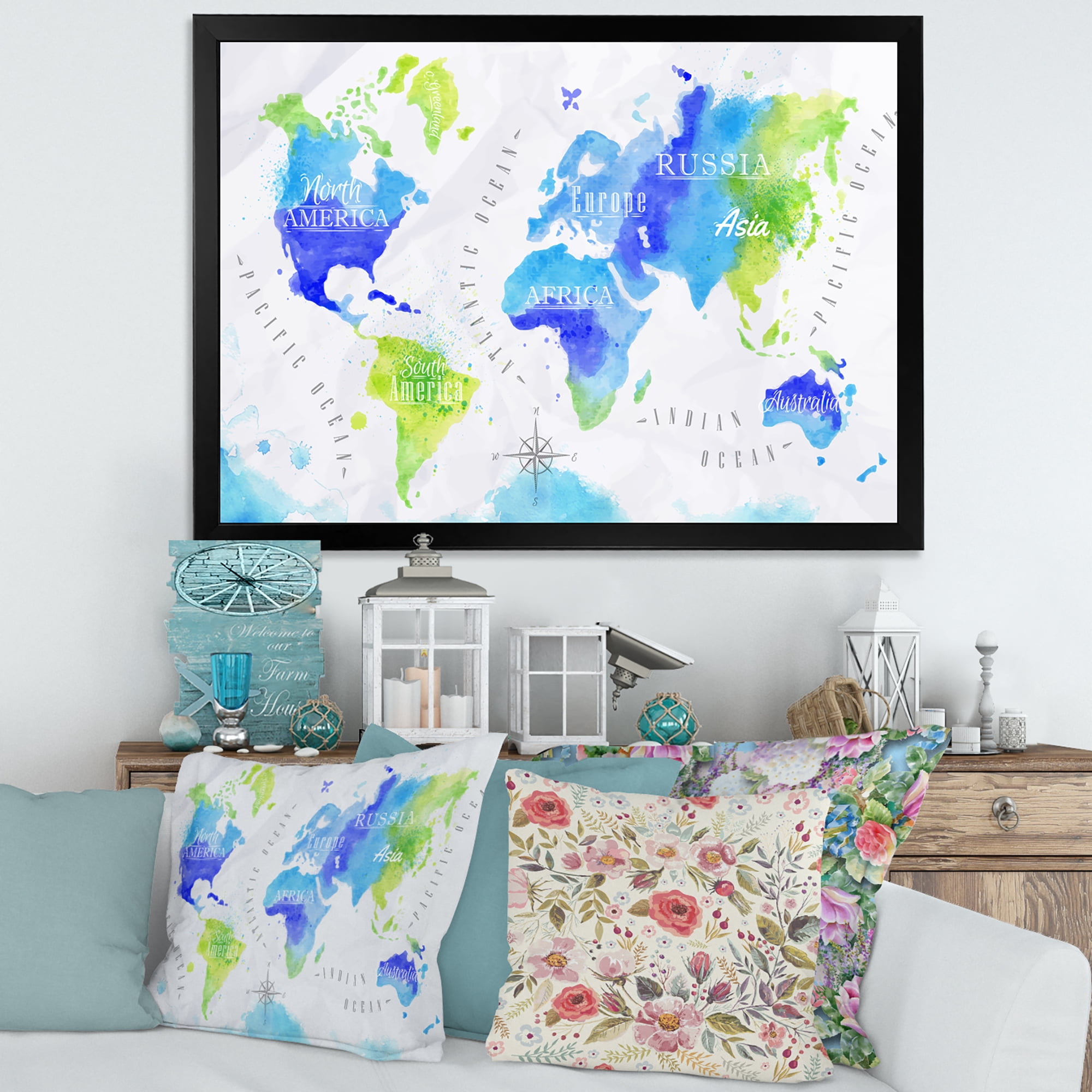 Designart 'World Map In Blue and Green' Modern Framed Art Print
