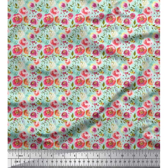 Soimoi Green Poly Georgette Fabric Flower & Leaves Watercolor Print Fabric by the Yard 52 Inch Wide