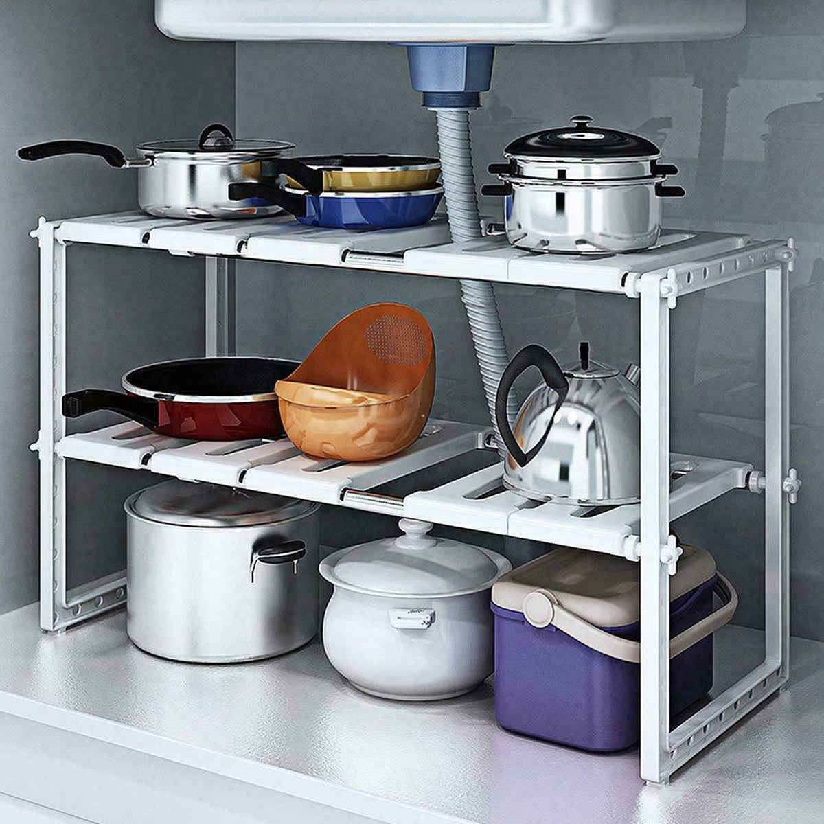 2 Tier Expandable Shelf Under Sink Organizer Storage Rack for Bathroom Strong Waterproof Shelf Kitchen Expand from 15 x 10 inch to 26 x 10inch 
