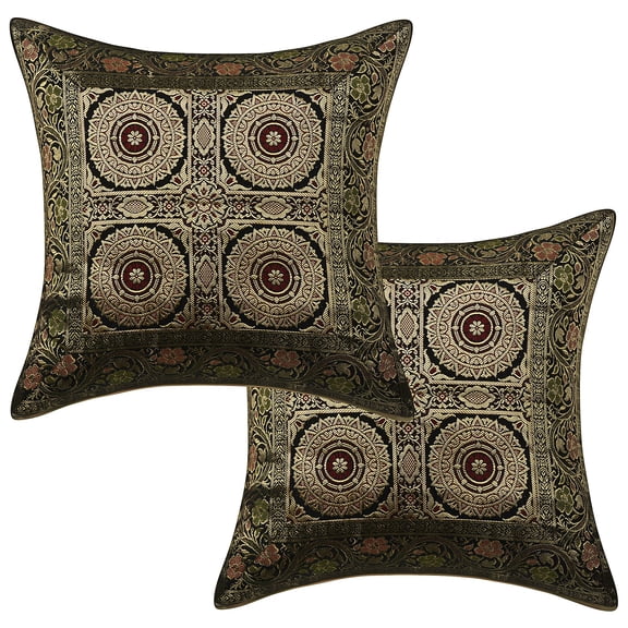 Stylo Culture Indian Sofa Throw Pillow Covers 16 x 16 Jacquard Black Square 40cm x 40cm Home Decor Brocade Floral Mandala Zippered Cushion Covers | Set Of 2