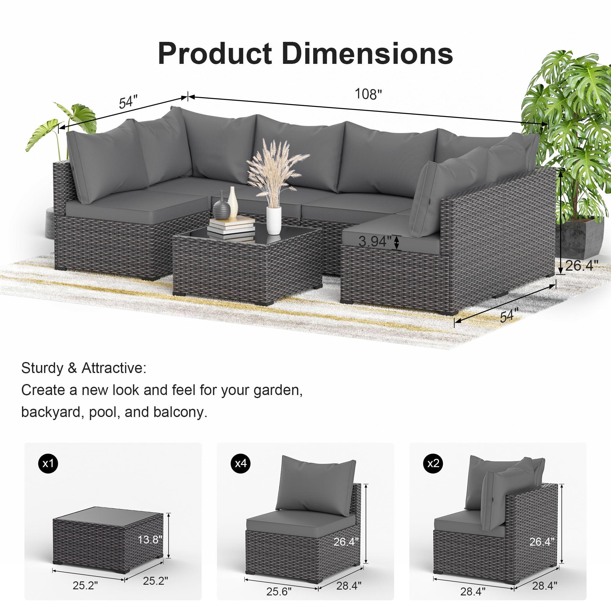 7 Piece Outdoor Patio Furniture Set Black PE Rattan Wicker Sofa Set With Table,Grey