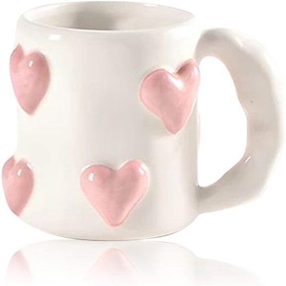 3D Heart Coffee Mug Pink Love Ceramic Cup 17oz Valentine's Day Couple Mug Cute Handmade Relief Mugs for Anniversary Wedding Engagement Couple Gifts (1, White)