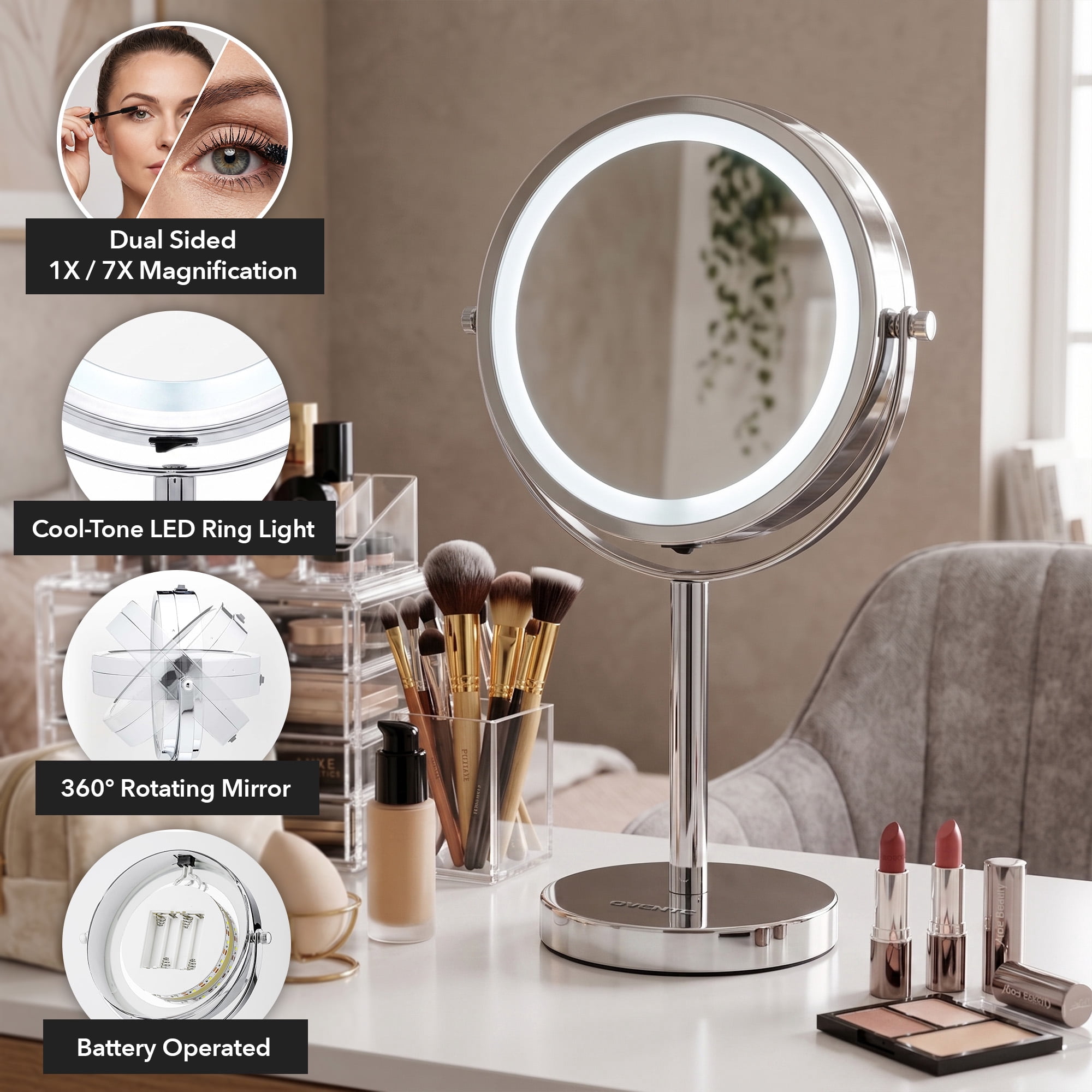 OVENTE 6" Lighted Makeup Mirror with 1X/7X Magnification, Cordless Tabletop Mount Vanity Round Mirror with 360° Swivel Design and Double Sided Cool Tone LED Ring Light, Polished Chrome MLT60CH1X7X