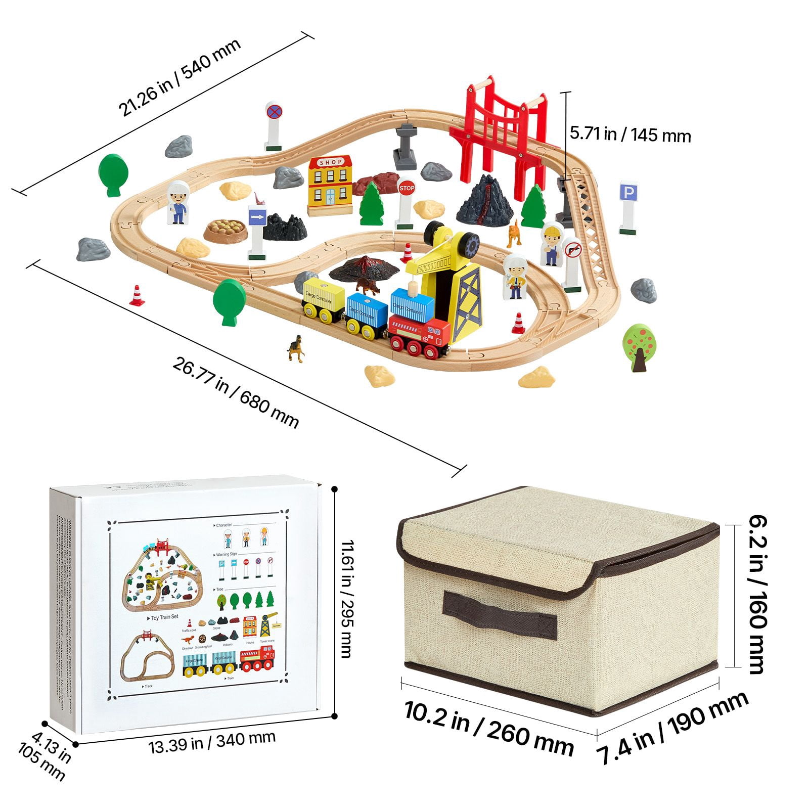 Wooden Train Set 70PCS with Magnetic Crane Dinosaur Fossil for Kids Ages 3-8 Christmas Birthday Toy