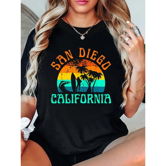 San Diego California Beach Surf Summer Vacation Girl Vintage T-Shirt casual short sleeve crew neck cotton tee tops for women