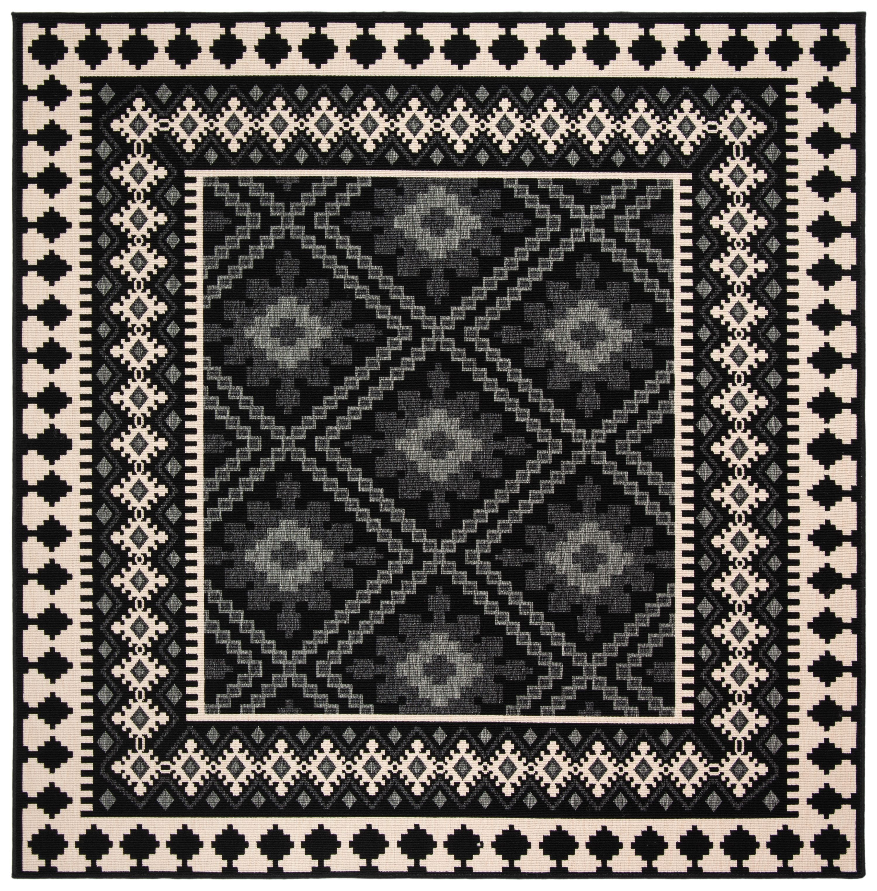 SAFAVIEH Veranda Magna Southwestern Indoor/Outdoor Area Rug, 5'3" x 5'3" Square, Black/Cream