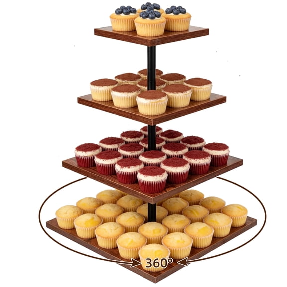 MOJINO 4 Tier Wooden Cupcake Stand for 50 Cupcakes, 360° Rotating Square Dessert Tower, Rustic Tiered Tray Serving Display for Wedding, Birthday, Baby Shower