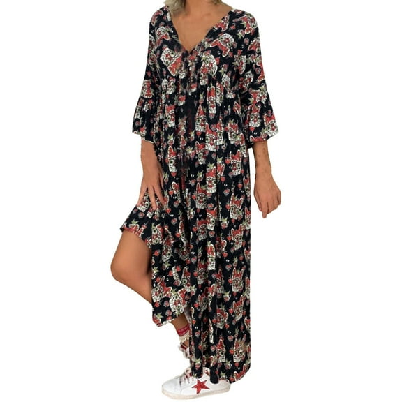LYXSSBYX Womens Plus Size Dresses Women's Ladies Loose Plus Size Print Long Sleeve V-neck Long Maxi Dress