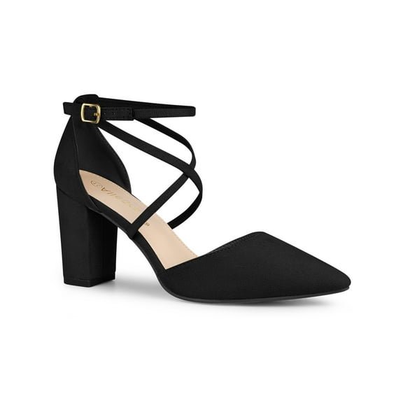 BLISSFUL STEP Women's Pointed Toe Cross Strap Block Heels Pumps Black 7