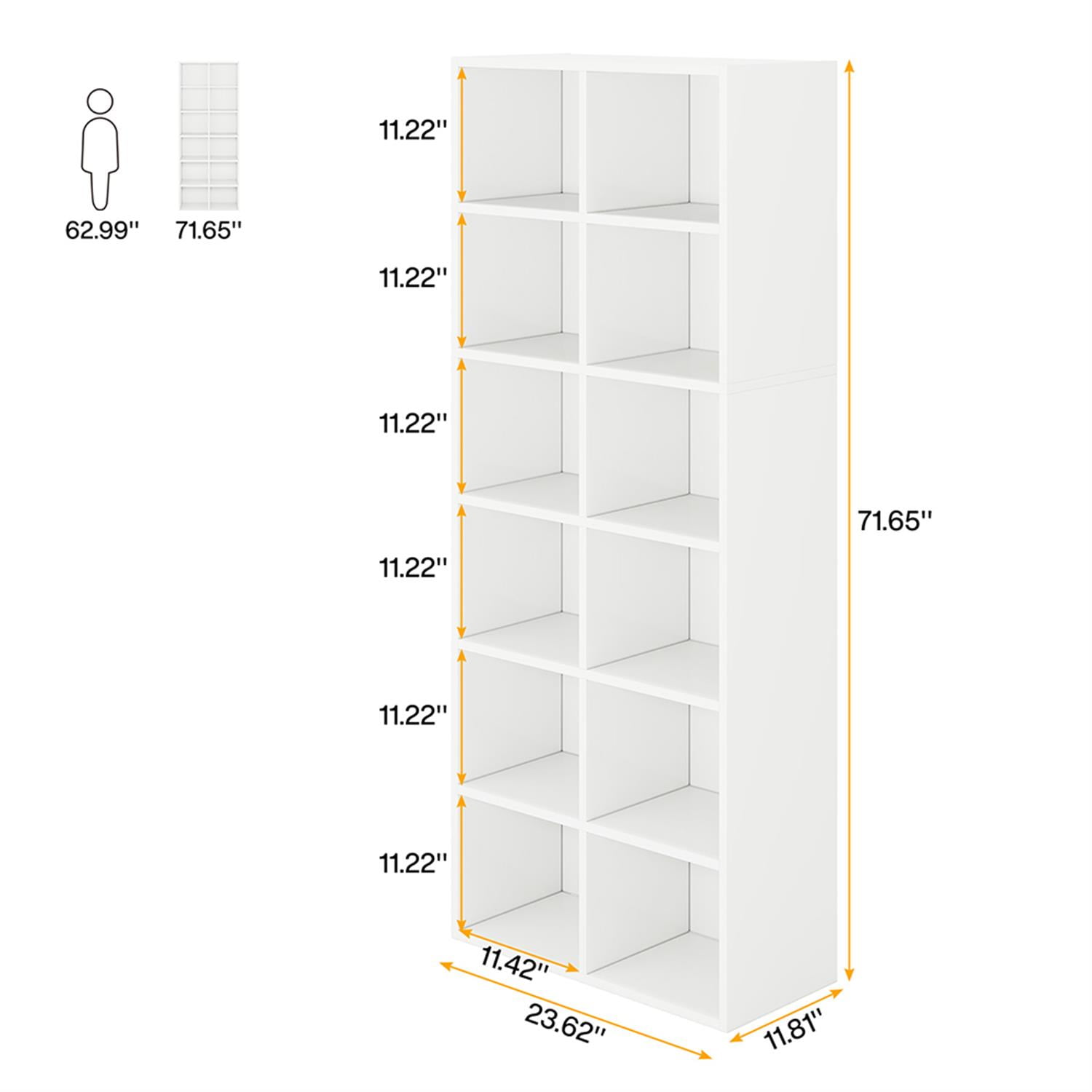 Demi Bonn 6-Tier Bookcase with 12 Cube Storage, Wood Bookshelf Storage Organizer, 71" Tall Display Standing Shelf Unit for Bedroom, Living Room, White