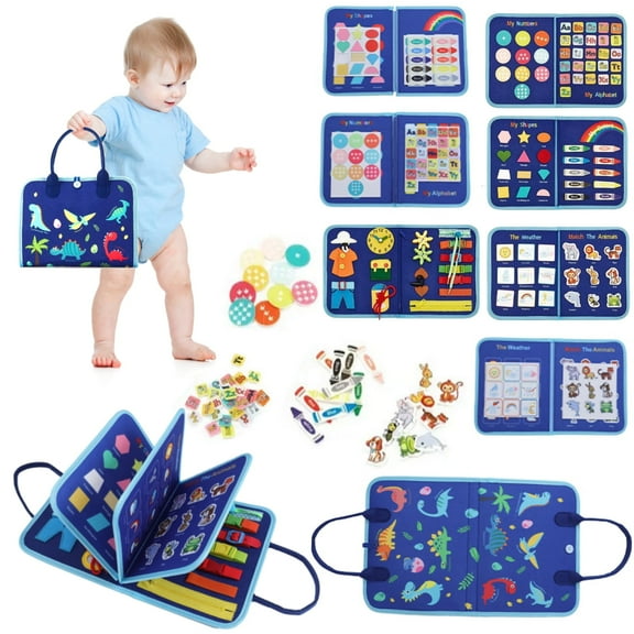 Busy Book Montessori Sensory Board for 1 Year Old Educational Activity Board Felt Quiet Book Baby 1-4, Girls Boys Toddlers Learning Fine Motor Skills, Travel Airplane Car, Blue Dinosaur