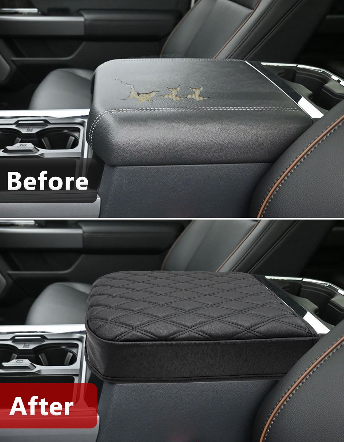 KBH Center Console Cover for Ford F250 F350 F450 F550 Super Duty 2023-2026, Black Leather Arm Rest Lid Box Covering Cushion Pad for Ford Accessories (Bucket Seat Only)