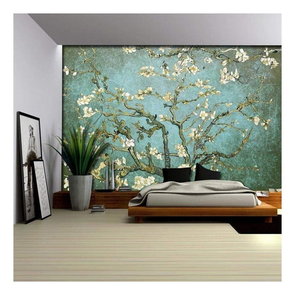 Wall26 Aqua with Teal Vignette Almond Blossom by Vincent Van Gogh - Wall Mural, Removable Sticker, Home Decor - 100x144 inches