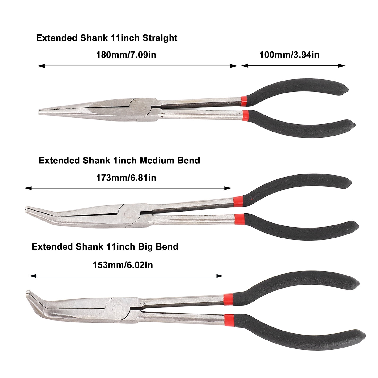 Yajisi 3-Piece 11-Inch Extra Long Needle Nose Pliers Set (Straight, 45 & 90 Degree Angle), Steel Long Reach Pliers for Home Repair, Auto & Crafting (11 in / 27.9 cm)