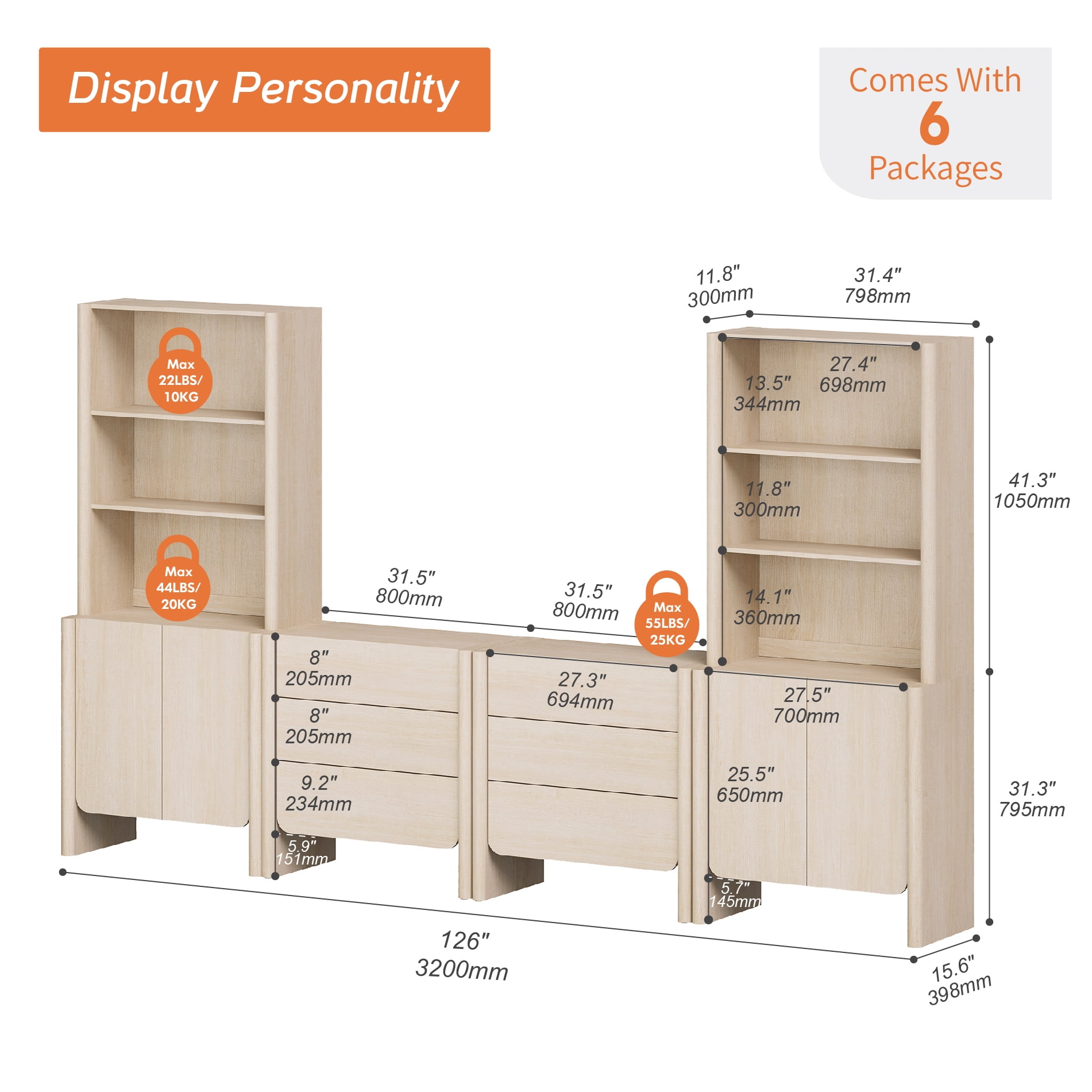 Modern French TV Stand with Bookshelves, 126-Inch Media Console, Doors, Drawers and Open Shelving, Supports TVs up to 70 Inches, Beige