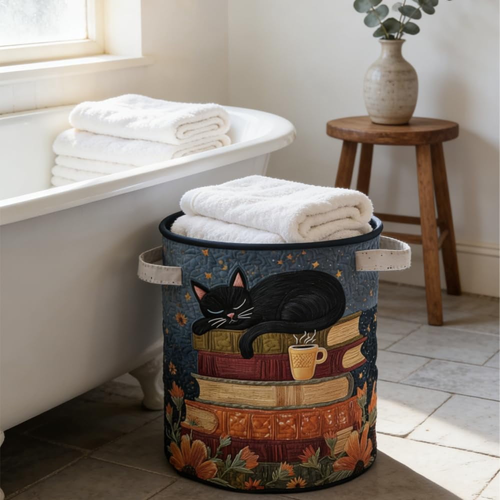 Cat Quilted Laundry Basket - 18"/22"/28", 2026 Large Quilted Cat Laundry Basket with Handles, Cozy Cat Fabric Storage Hamper for Nursery, Bedroom, Laundry Room, Clothes & Toys (1, S 14"X18")