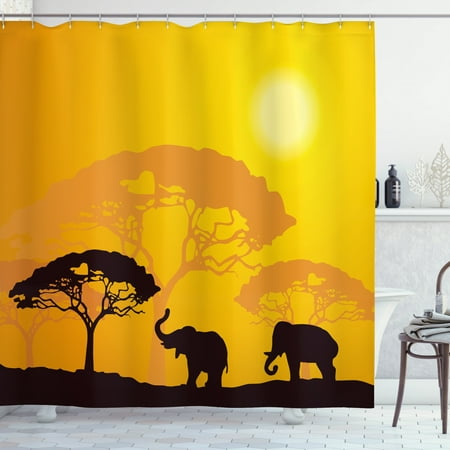 

Safari Shower Curtain African Wildlife Animals Elephants Sun Beams Trees Print Art Fabric Bathroom Set with Hooks 69W X 75L Inches Long Earth Yellow Marigold Dark Brown by Ambesonne