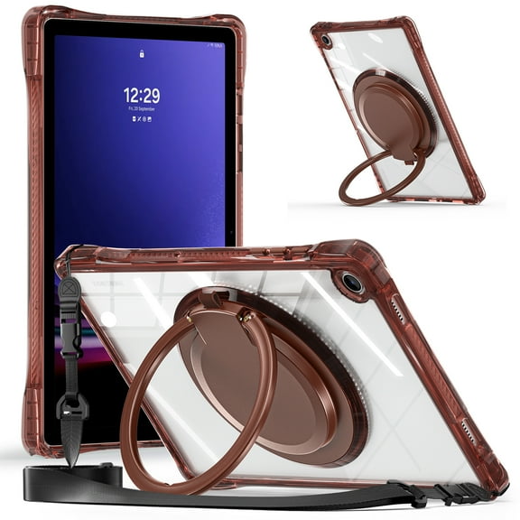 ELEHOLD Rotating Shockproof Case For Samsung Galaxy Tab A9 / A9 Plus Full Body Protection Clear Rugged Cover, 360° Rotating Ring Hand Grip Stand, Nylon Shoulder Strap,Chocolate