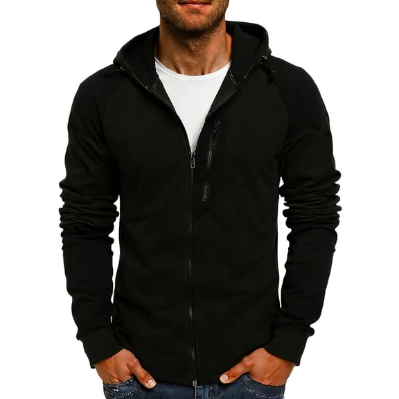 Guieoi Shirts for Men Fashion Color-Block Fleece-Lined Hoodie Men's Warm Casual Hoodie Men's Outerwear Black XL