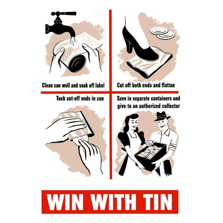 - Vintage World War II poster showing a housewife giving directions on how to prepare tin cans for a collector It declares Win With Tin Poster Print
