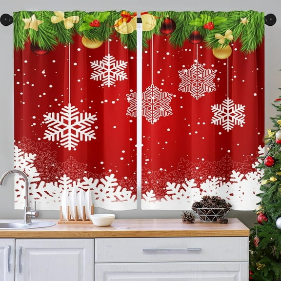 Christmas Snowflakes Kitchen Curtains Winter Window Curtains Over Sink Set of 2, Pine Tree Balls Rod Pocket Short Tier Curtains for Kitchen, Red Christmas Small Kitchen Decor (27.5x36 Inch)
