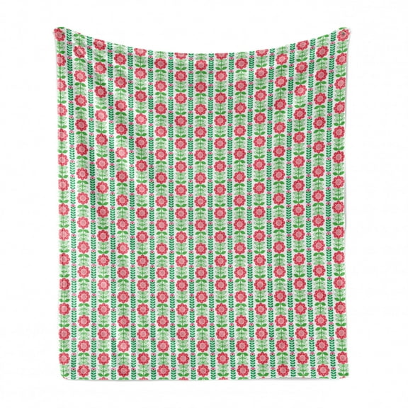 Flower Soft Flannel Fleece Throw Blanket, Nordic Style Flourishing Flowers and Leaves Folk Art Composition, Cozy Plush for Indoor and Outdoor Use, 60" x 80", Apple Green Vermilion, by Ambesonne