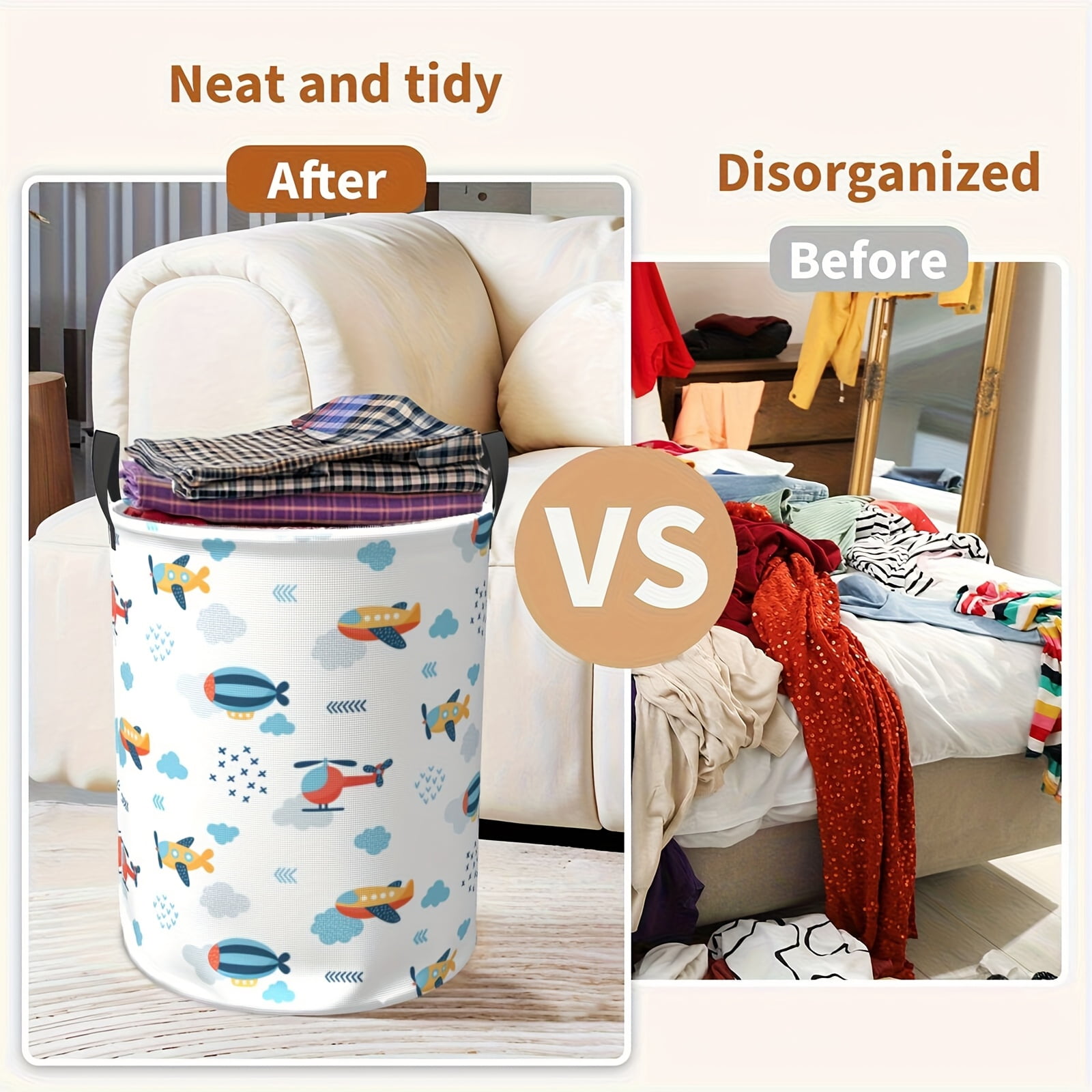 Airplane Hot Air Balloon Printed Storage Basket, Oversized Foldable Laundry Basket, Foldable and Handleable Round Laundry Basket, for Bedroom/bathroom Toys, Laundry Basket