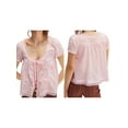 thumbnail image 3 of Women Tie Front Lace Trim Top Sheer Short Sleeve Scoop Neck Button Shirt Y2k Ruffle Flowy Boho Crop Tops Pink S, 3 of 7