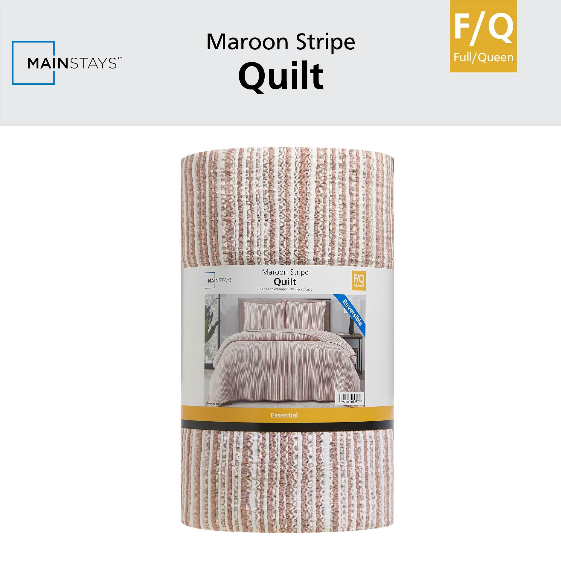 Mainstays Essentials Full/Queen Stripe Quilt, Red Rust Coverlet, Lightweight & Reversible Bedding