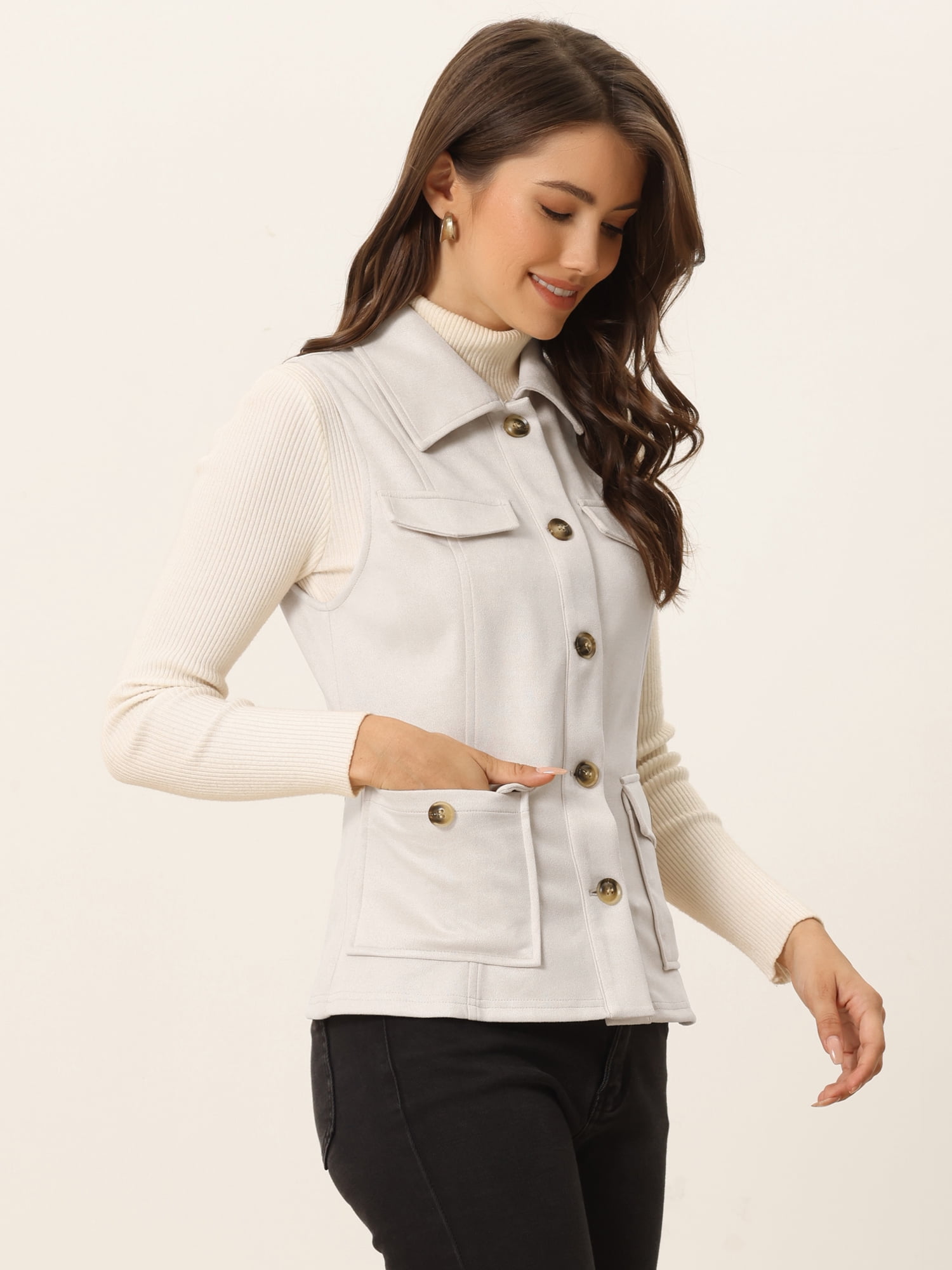 DARING DIVA Women's Rustic Button Up Utility Anorak Cargo Vest L Beige