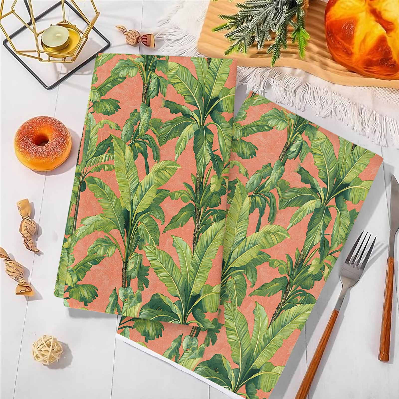 Palm Tree Tropical Kitchen Towels Set of 2, Pink Summer Green Botanical Soft Microfiber Dish Towels, Absorbent Quick-Dry Washable Dishcloths for Kitchen Cleaning, Drying Dishes, 18x28 Inches