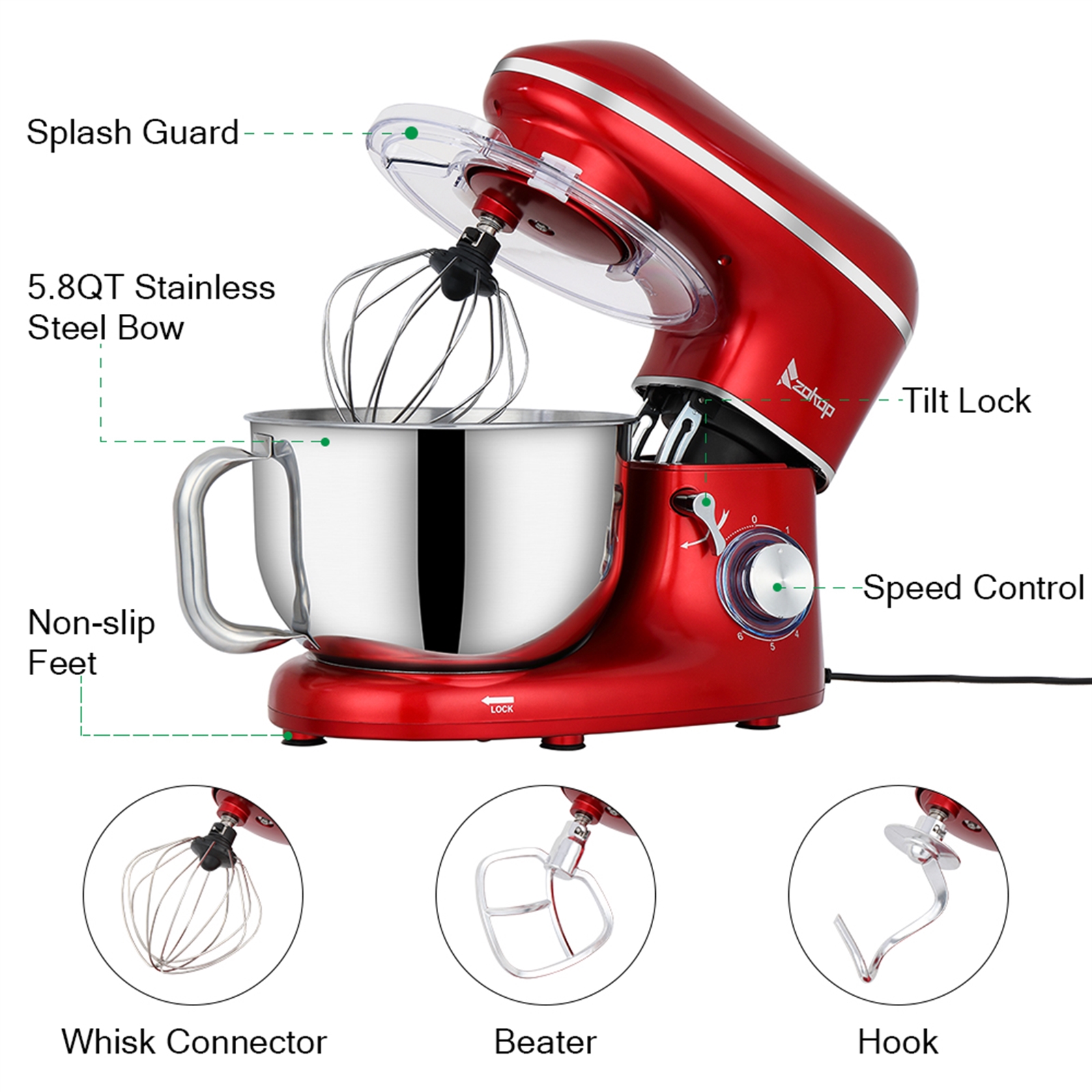Stand Mixer, 650W 6 Speed 5.8 Quart Tilt-Head Kitchen Electric Food Mixer with Beater, Dough Hook and Wire Whip, Red - image 5 of 7