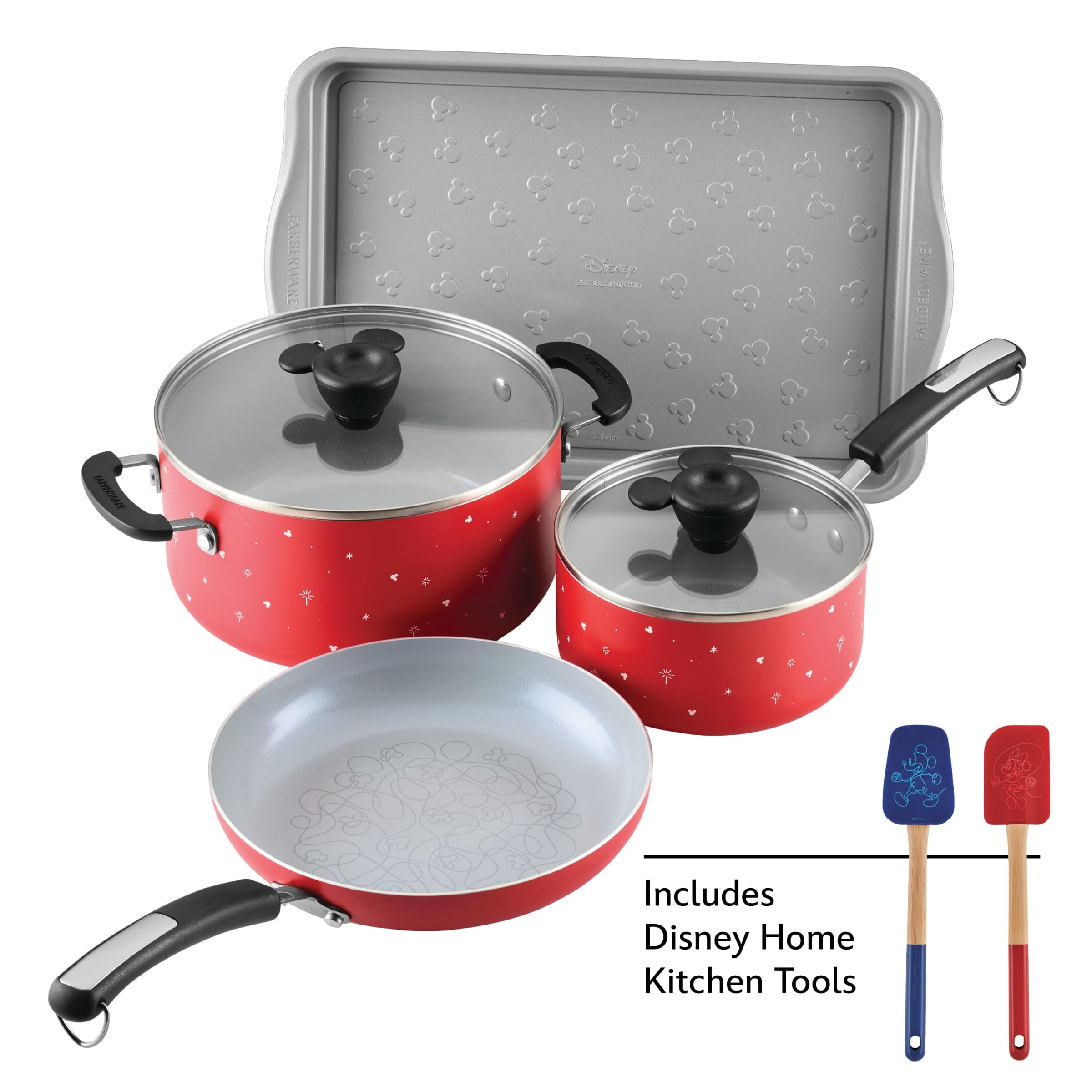 Farberware Ceramic Nonstick Pots and Pans Set with Baking Sheet/Cookie Pan and Disney Home Kitchen Tools, 8 Piece Non Stick Cookware Set - Red