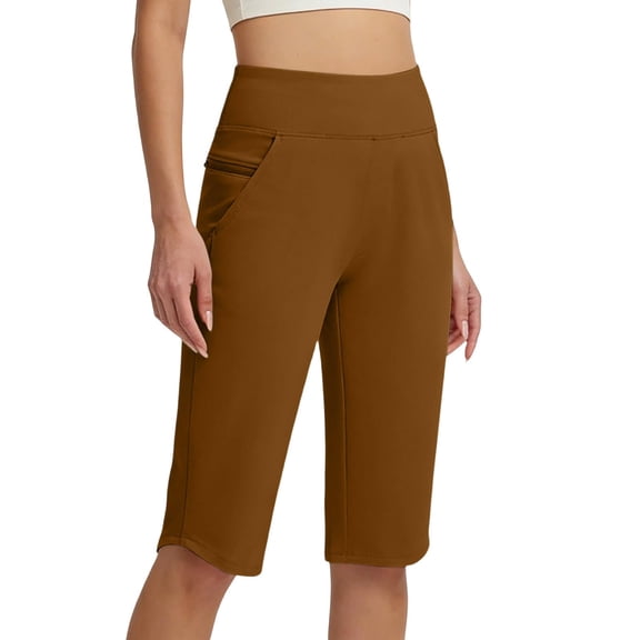Dwellite Women's Bermuda Long Shorts Knee Length Capris with Pockets High Waisted Athletic Casual Shorts for Women Brown M
