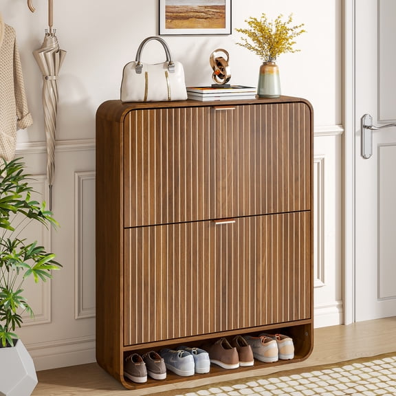 Diubas Shoe Cabinet with 2 Flip Drawers, Walnut Hidden Shoe Storage Cabinet with Fluted Design, Slim Shoe Organizer Cabinet for Hallway, Entrance, Foyer, Freestanding