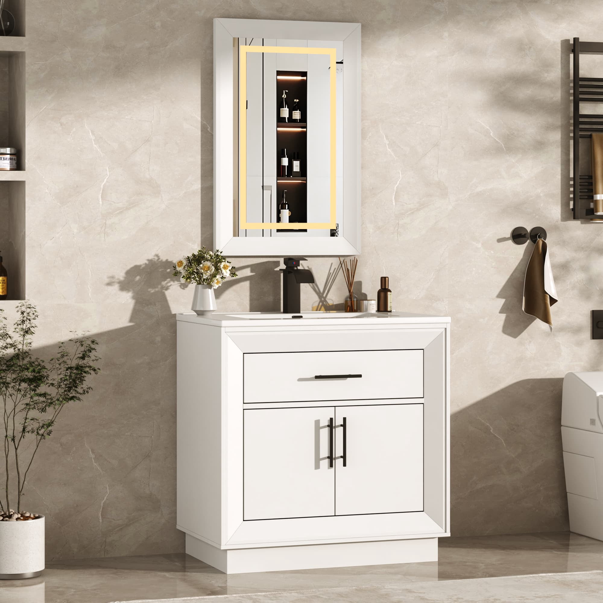 30 inch Bathroom Vanity with Sink & Mirror & Faucets, Modern Vanity Set with Tip-out Trays & 4 Shelves on Doors, SingleBathroom Cabinet with Ceramic Sink