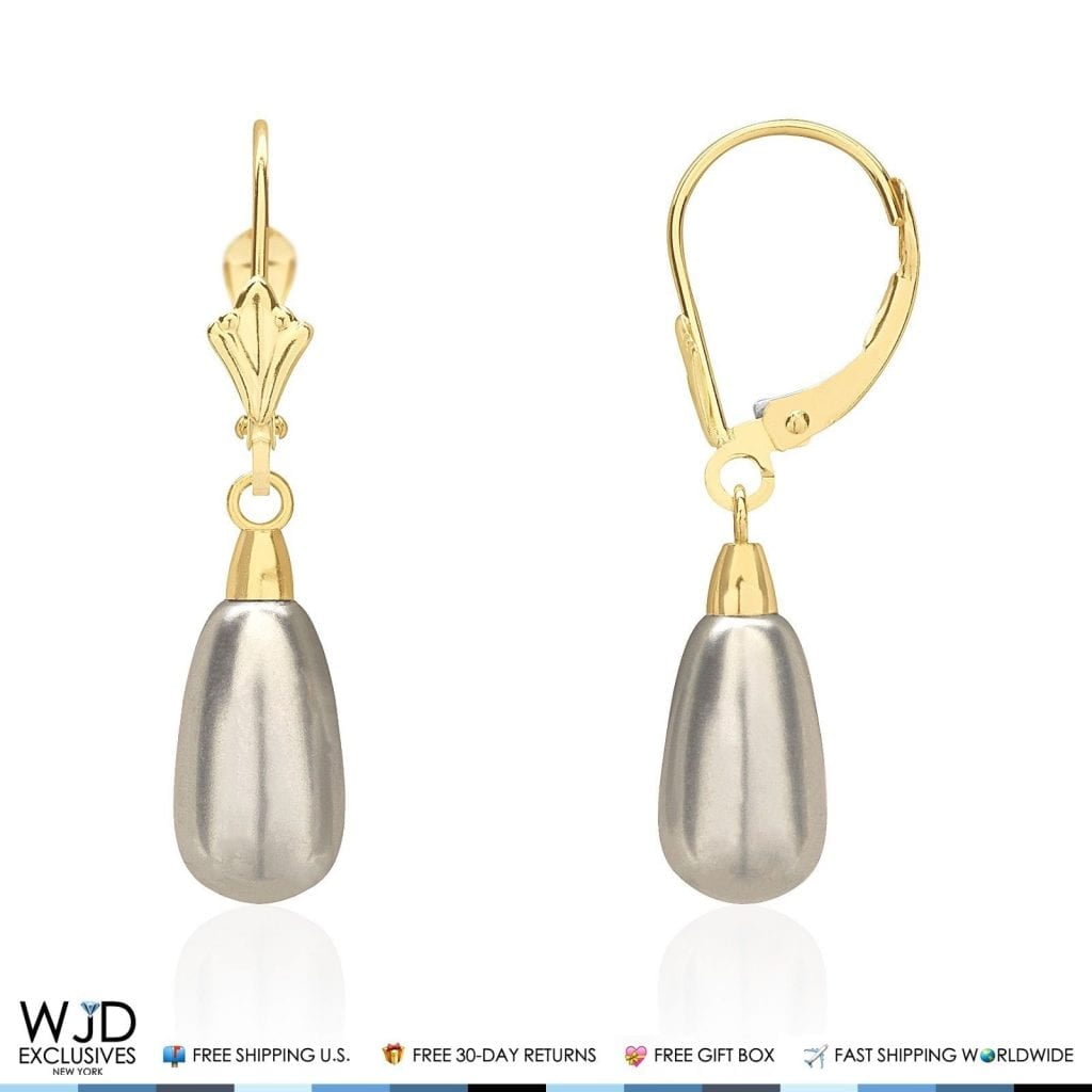 14K Yellow Gold Teardrop Pearl Leverback Dangle Drop Earrings