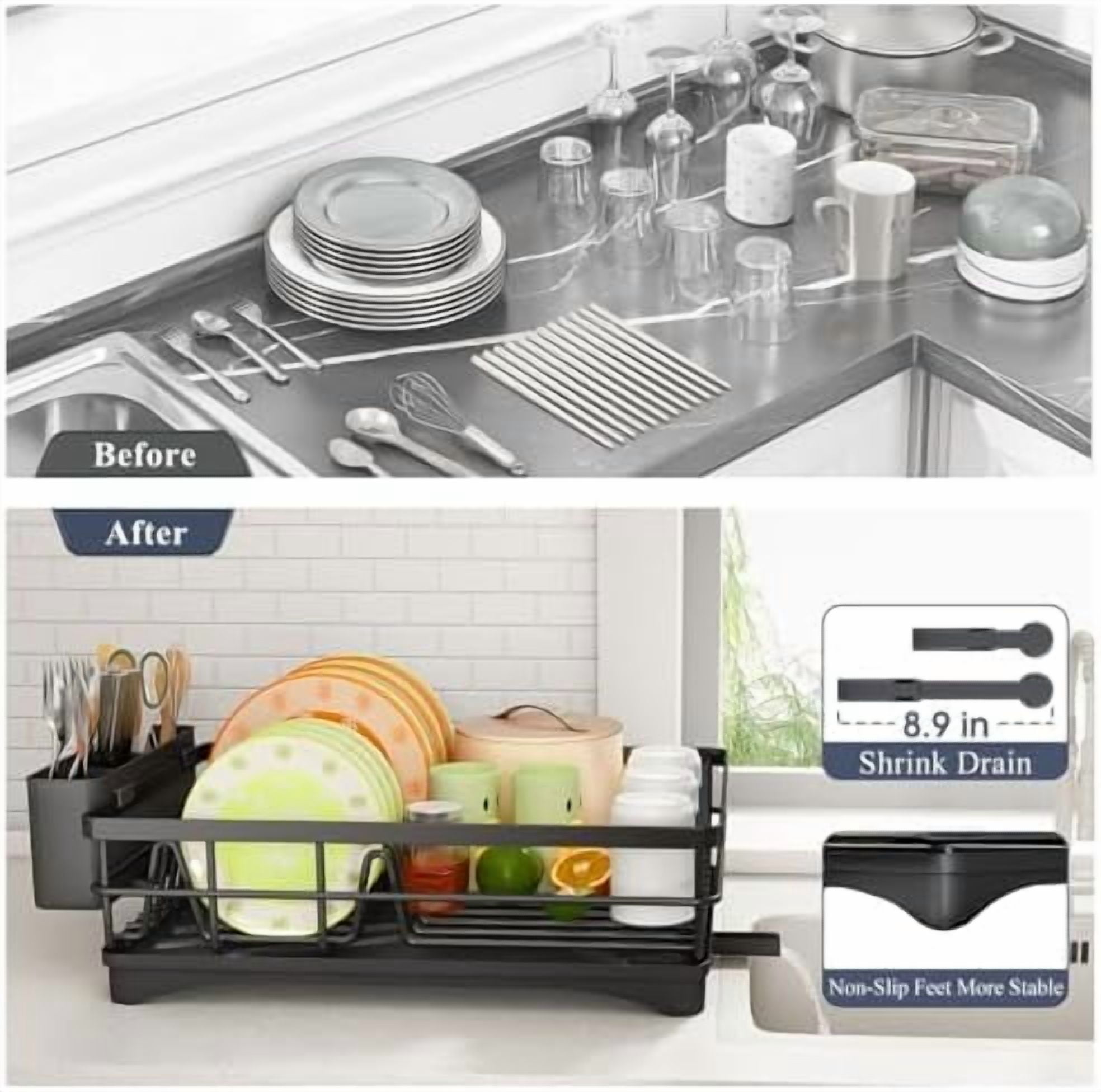 Dish Drying Rack - Stainless Steel Dish Rack for Kitchen Counter, Large-Capacity Dish Drainer with Cutlery Holder, Kitchen Organizer for Dishes, Spoons and Forks, Black